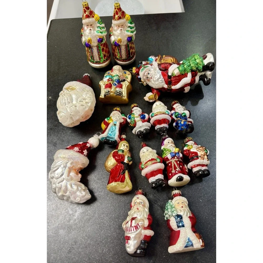 16 Vintage European Glass Santa Christmas Ornaments Hand Painted Glitter Lot